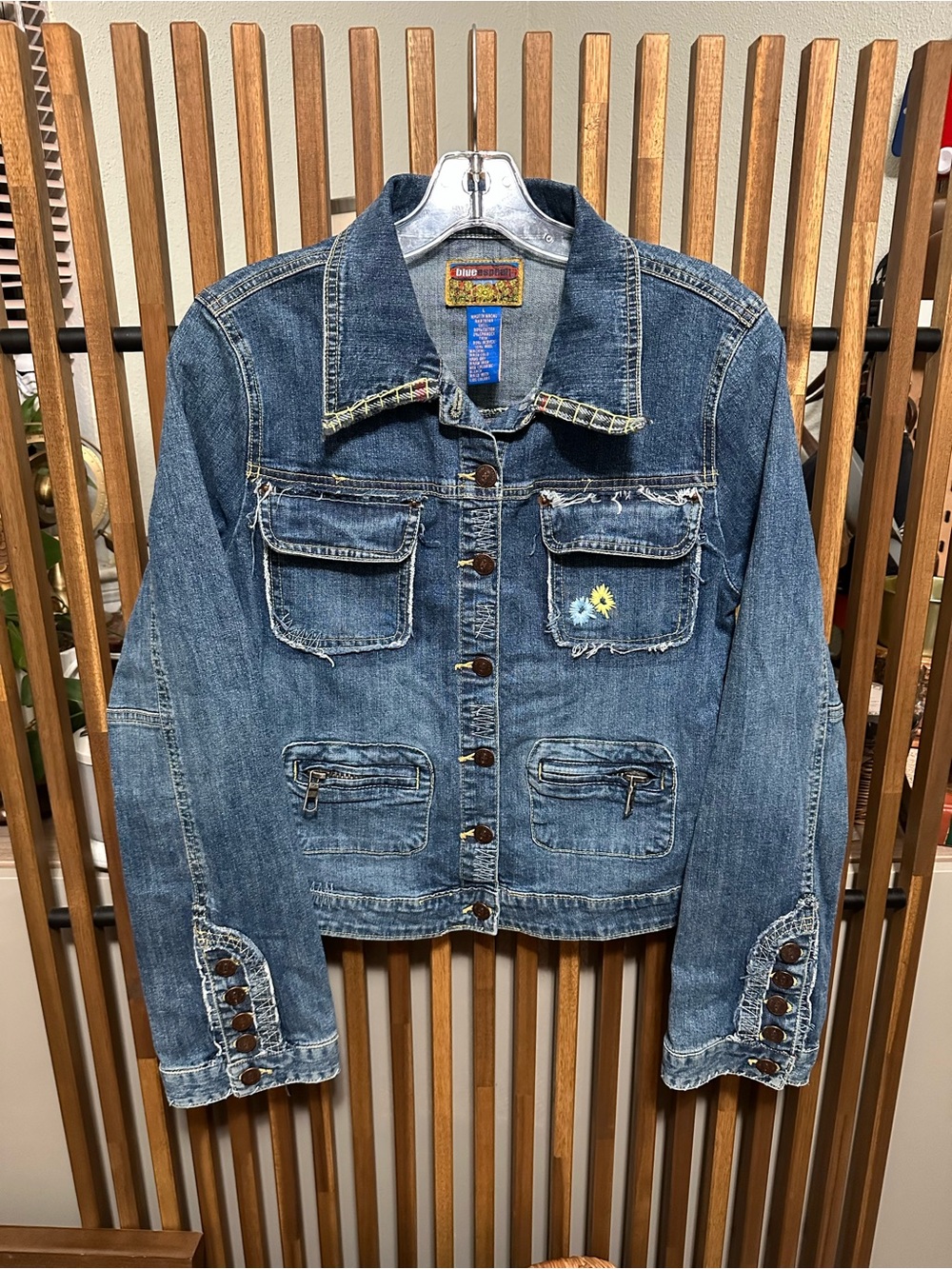 Blue Asphalt Vintage Denim Jacket Large Embroidered Flower Plaid Trim Y2K Cut
